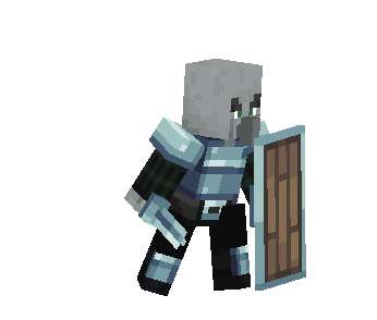 An armored illager slashing a target with their sword.